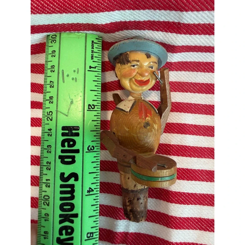 Vintage Hand Carved Wood Mechanical Drummer Bottle Stopper Anri Style Folk Art